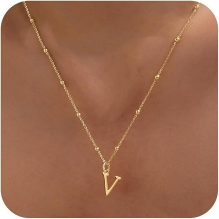 Picture of Wholesale Capital Alphabet Initial Letter Message " V " Pendant Charm Necklace, 18K Gold Plated Brass Ball Chain, Women's Simple Dainty Gift Jewelry For Retailer, 40cm(15.7") + 5cm(2") long, 1 Piece