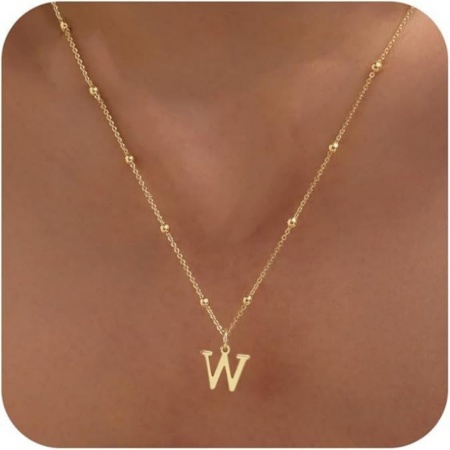 Picture of Wholesale Capital Alphabet Initial Letter Message " W " Pendant Charm Necklace, 18K Gold Plated Brass Ball Chain, Women's Simple Dainty Gift Jewelry For Retailer, 40cm(15.7") + 5cm(2") long, 1 Piece
