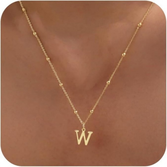 Picture of Wholesale Capital Alphabet Initial Letter Message " W " Pendant Charm Necklace, 18K Gold Plated Brass Ball Chain, Women's Simple Dainty Gift Jewelry For Retailer, 40cm(15.7") + 5cm(2") long, 1 Piece