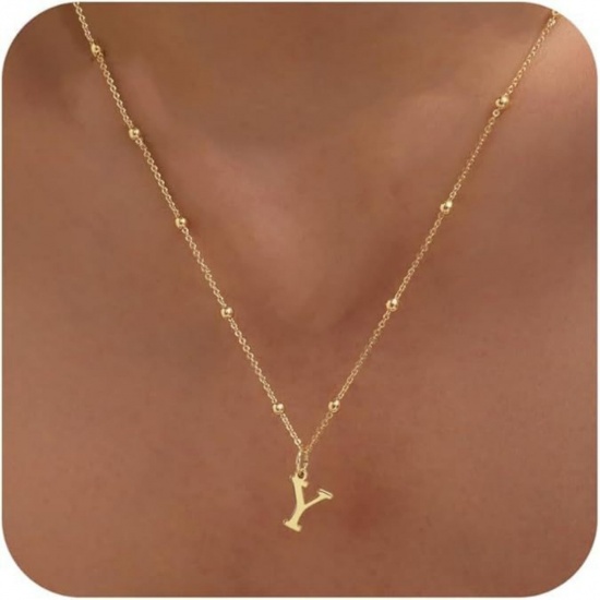 Picture of Wholesale Capital Alphabet Initial Letter Message " Y " Pendant Charm Necklace, 18K Gold Plated Brass Ball Chain, Women's Simple Dainty Gift Jewelry For Retailer, 40cm(15.7") + 5cm(2") long, 1 Piece