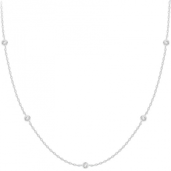 Picture of Wholesale Clear Cubic Zirconia Link Cable Chain Station Necklace, Silver Plated Brass, Women's Simple Stylish Gift Jewelry For Retailer, 40cm(15.7") + 5cm(2") long, 1 Piece