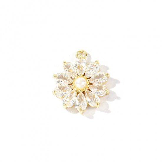 1 個 真鍮 チャーム 卸売り 18Kリアルゴールドメッキ フラワー アクリル模造真珠 クリア ジルコン 18mm x 15mm、 の画像