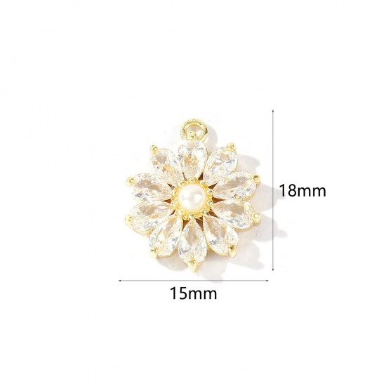 1 個 真鍮 チャーム 卸売り 18Kリアルゴールドメッキ フラワー アクリル模造真珠 クリア ジルコン 18mm x 15mm、 の画像