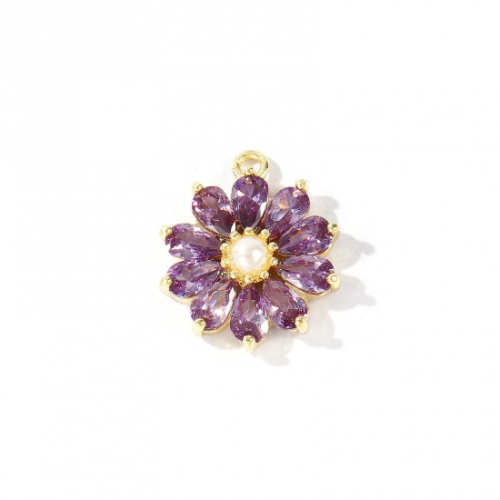 1 個 真鍮 チャーム 卸売り 18Kリアルゴールドメッキ フラワー アクリル模造真珠 紫 ジルコン 18mm x 15mm、 の画像