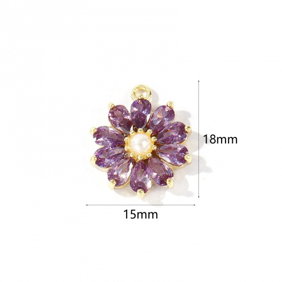 1 個 真鍮 チャーム 卸売り 18Kリアルゴールドメッキ フラワー アクリル模造真珠 紫 ジルコン 18mm x 15mm、 の画像