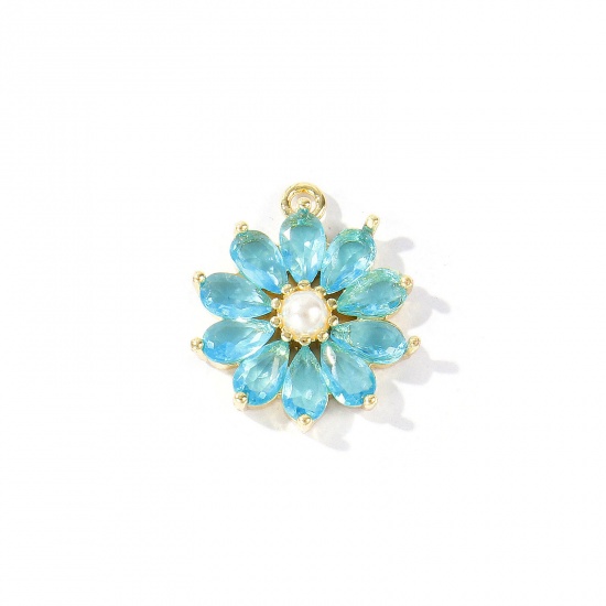 1 個 真鍮 チャーム 卸売り 18Kリアルゴールドメッキ フラワー アクリル模造真珠 ブルー ジルコン 18mm x 15mm、 の画像