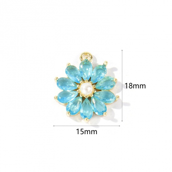 1 個 真鍮 チャーム 卸売り 18Kリアルゴールドメッキ フラワー アクリル模造真珠 ブルー ジルコン 18mm x 15mm、 の画像