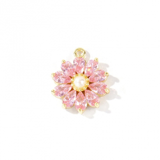 1 個 真鍮 チャーム 卸売り 18Kリアルゴールドメッキ フラワー アクリル模造真珠 ピンク ジルコン 18mm x 15mm、 の画像