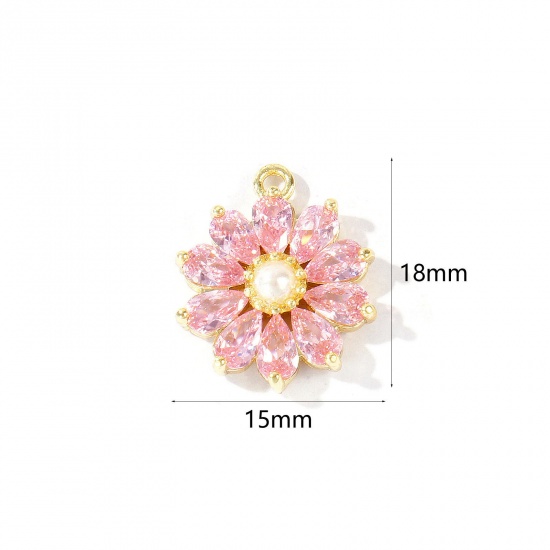 1 個 真鍮 チャーム 卸売り 18Kリアルゴールドメッキ フラワー アクリル模造真珠 ピンク ジルコン 18mm x 15mm、 の画像