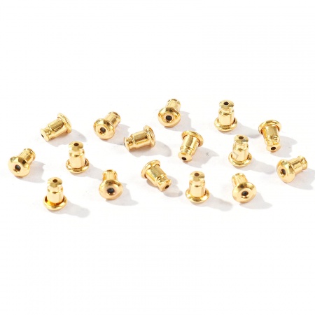 Picture of 50 PCs Brass Ear Nuts Post Stopper Earring Findings Wholesale 18K Real Gold Plated 6mm x 4.5mm