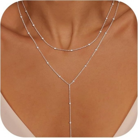 Picture of Wholesale Y Shaped Multilayer Layered Necklace, Silver Plated Brass Women's Simple Ins Style Gift Jewelry For Retailer, 50cm(19.7") long, 1 Piece