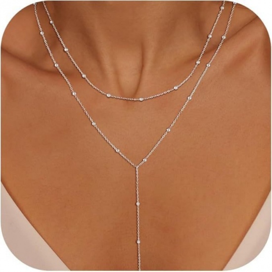 Picture of Wholesale Y Shaped Multilayer Layered Necklace, Silver Plated Brass Women's Simple Ins Style Gift Jewelry For Retailer, 50cm(19.7") long, 1 Piece