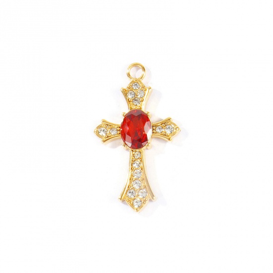 Picture of 2 PCs Eco-friendly PVD 304 Stainless Steel Religious Pendants Wholesale 18K Real Gold Plated Cross Red Rhinestone 31mm x 18mm