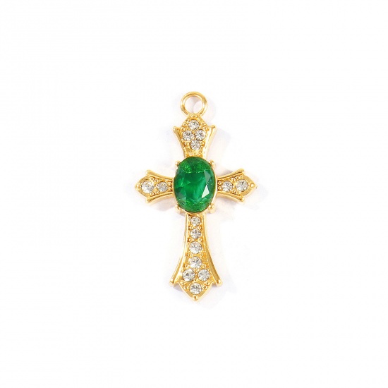 Picture of 2 PCs Eco-friendly PVD 304 Stainless Steel Religious Pendants Wholesale 18K Real Gold Plated Cross Green Rhinestone 31mm x 18mm