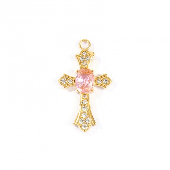 Picture of 2 PCs Eco-friendly PVD 304 Stainless Steel Religious Pendants Wholesale 18K Real Gold Plated Cross Pink Rhinestone 31mm x 18mm