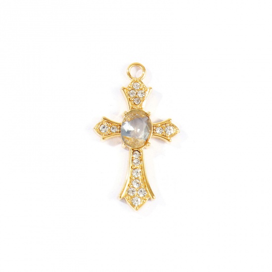 Picture of 2 PCs Eco-friendly PVD 304 Stainless Steel Religious Pendants Wholesale 18K Real Gold Plated Cross Gray Rhinestone 31mm x 18mm