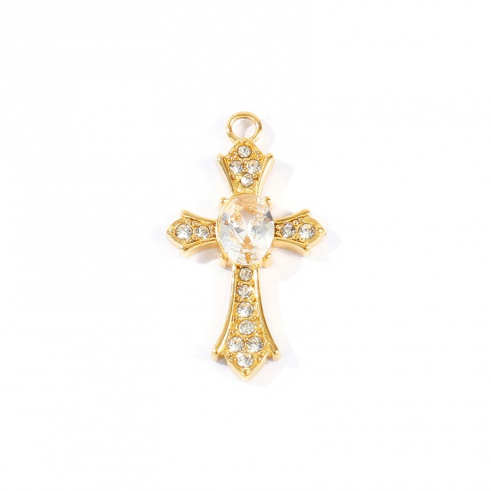 Picture of 2 PCs Eco-friendly PVD 304 Stainless Steel Religious Charms Wholesale 18K Real Gold Plated Cross Clear Rhinestone 23.5mm x 17mm