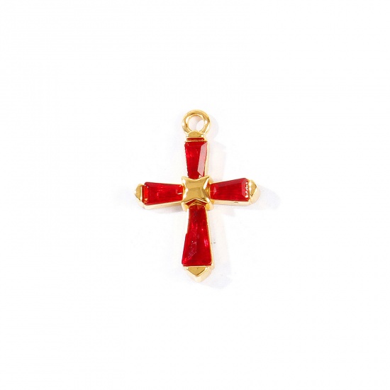 Picture of 2 PCs Eco-friendly PVD 304 Stainless Steel Religious Charms Wholesale 18K Real Gold Plated Cross Red Rhinestone 23.5mm x 17mm