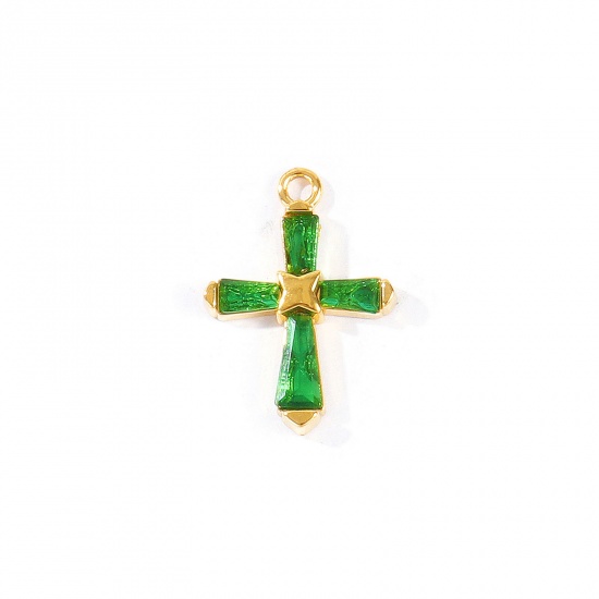 Picture of 2 PCs Eco-friendly PVD 304 Stainless Steel Religious Charms Wholesale 18K Real Gold Plated Cross Green Rhinestone 23.5mm x 17mm