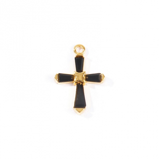 Picture of 2 PCs Eco-friendly PVD 304 Stainless Steel Religious Charms Wholesale 18K Real Gold Plated Cross Black Rhinestone 23.5mm x 17mm