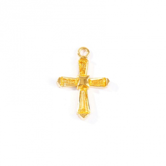 Picture of 2 PCs Eco-friendly PVD 304 Stainless Steel Religious Charms Wholesale 18K Real Gold Plated Cross Yellow Rhinestone 23.5mm x 17mm