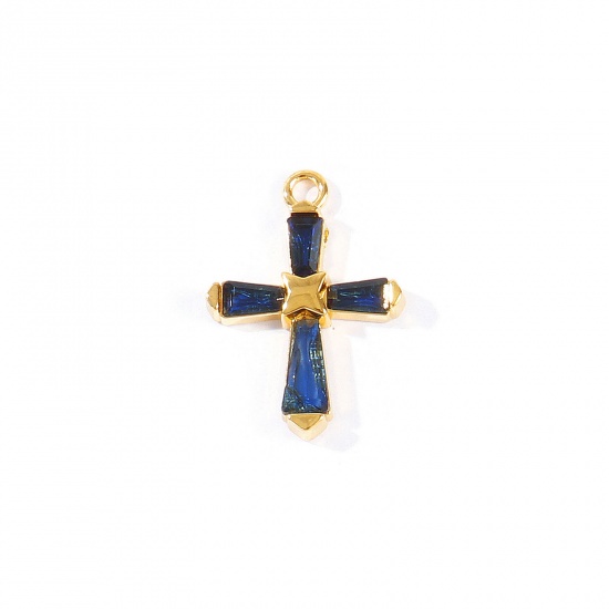 Picture of 2 PCs Eco-friendly PVD 304 Stainless Steel Religious Charms Wholesale 18K Real Gold Plated Cross Dark Blue Rhinestone 23.5mm x 17mm