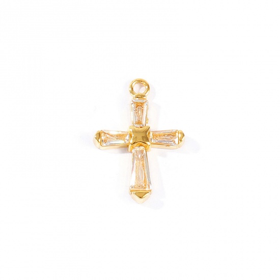 Picture of 2 PCs Eco-friendly PVD 304 Stainless Steel Religious Charms Wholesale 18K Real Gold Plated Cross Clear Rhinestone 23.5mm x 17mm