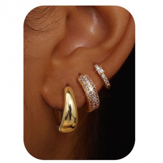 Immagine di Semplice Elegante Orecchino All'Ingrosso, Tondo Trasparente Circonio Cubico Placcato Oro 18K Ottone, Donne Regalo Fornitura di Gioielli, 1 Serie ( 6 Pz/Serie)