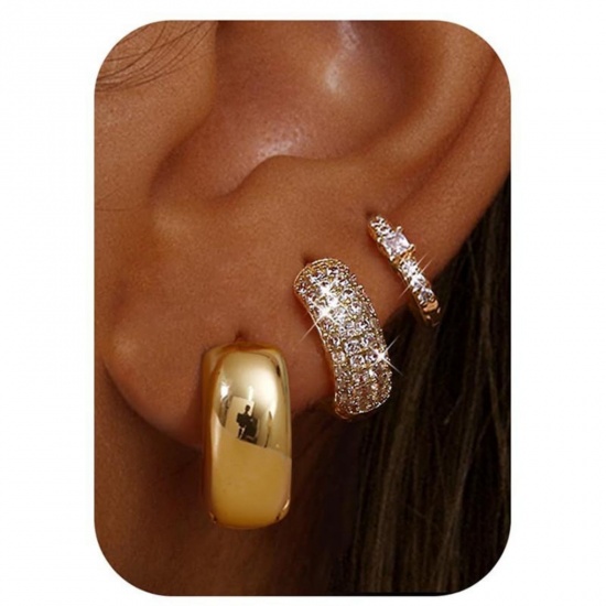 Immagine di Semplice Elegante Orecchino All'Ingrosso, Tondo Trasparente Circonio Cubico Placcato Oro 18K Ottone, Donne Regalo Fornitura di Gioielli, 1 Serie ( 6 Pz/Serie)