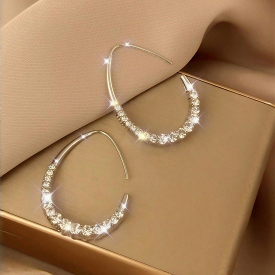 Immagine di Semplice Elegante Orecchini Circolari All'Ingrosso, Goccia Trasparente Circonio Cubico Platino Placcato Ottone, Donne Regalo Fornitura di Gioielli, 3.9cm x 2.8cm, 1 Paio
