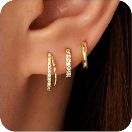 Immagine di Semplice Elegante Orecchini Circolari All'Ingrosso, Tondo Trasparente Circonio Cubico Placcato Oro 18K Ottone, Donne Regalo Fornitura di Gioielli, 1 Serie ( 6 Pz/Serie)