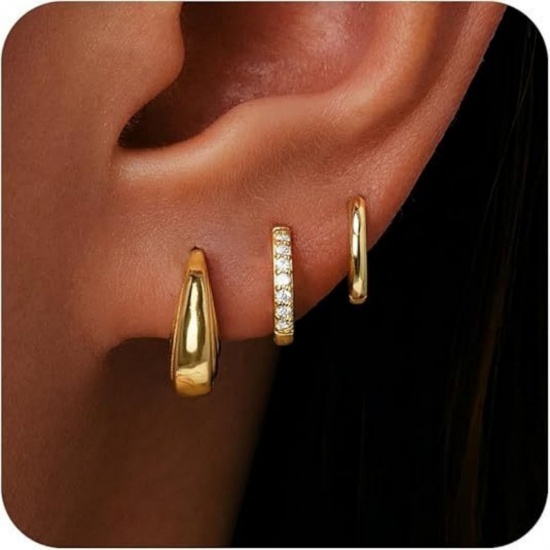 Immagine di Semplice Elegante Orecchini Circolari All'Ingrosso, Tondo Trasparente Circonio Cubico Placcato Oro 18K Ottone, Donne Regalo Fornitura di Gioielli, 1 Serie ( 6 Pz/Serie)