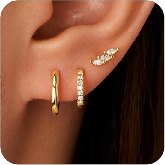 Immagine di Semplice Elegante Orecchini Circolari All'Ingrosso, Tondo Trasparente Circonio Cubico Placcato Oro 18K Ottone, Donne Regalo Fornitura di Gioielli, 1 Serie ( 6 Pz/Serie)