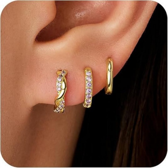 Immagine di Semplice Elegante Orecchini Circolari All'Ingrosso, Tondo Viola Circonio Cubico Placcato Oro 18K Ottone, Donne Regalo Fornitura di Gioielli, 1 Serie ( 6 Pz/Serie)