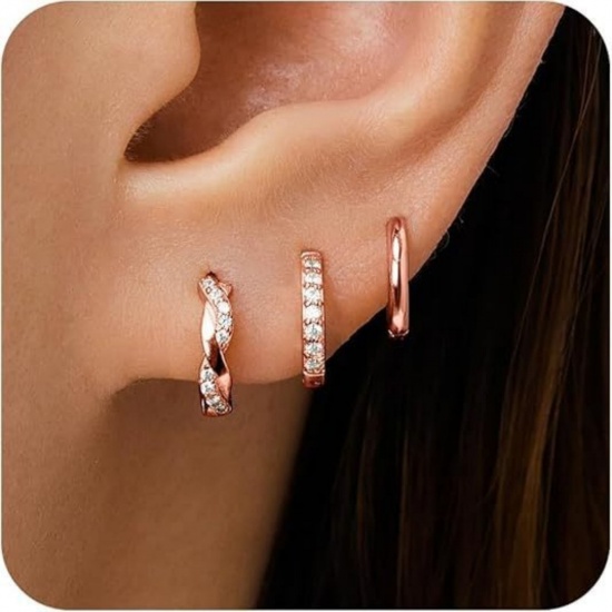 Immagine di Semplice Elegante Orecchini Circolari All'Ingrosso, Tondo Trasparente Circonio Cubico Oro Rosa Ottone, Donne Regalo Fornitura di Gioielli, 1 Serie ( 6 Pz/Serie)