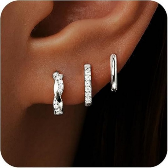 Immagine di Semplice Elegante Orecchini Circolari All'Ingrosso, Tondo Trasparente Circonio Cubico Platino Placcato Ottone, Donne Regalo Fornitura di Gioielli, 1 Serie ( 6 Pz/Serie)