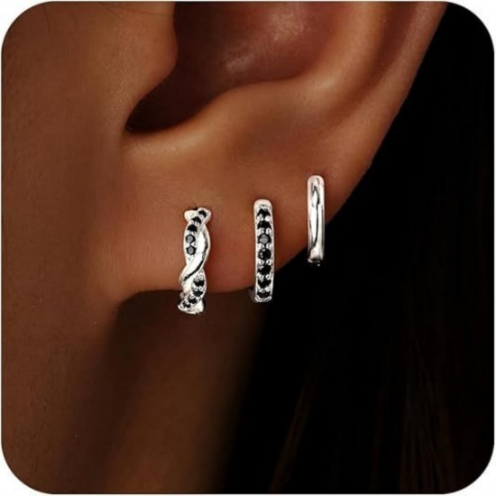 Immagine di Semplice Elegante Orecchini Circolari All'Ingrosso, Tondo Nero Circonio Cubico Platino Placcato Ottone, Donne Regalo Fornitura di Gioielli, 1 Serie ( 6 Pz/Serie)