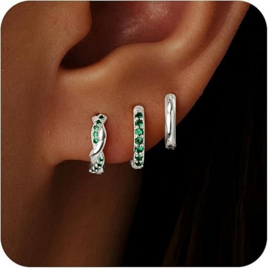 Immagine di Semplice Elegante Orecchini Circolari All'Ingrosso, Tondo Verde Circonio Cubico Platino Placcato Ottone, Donne Regalo Fornitura di Gioielli, 1 Serie ( 6 Pz/Serie)