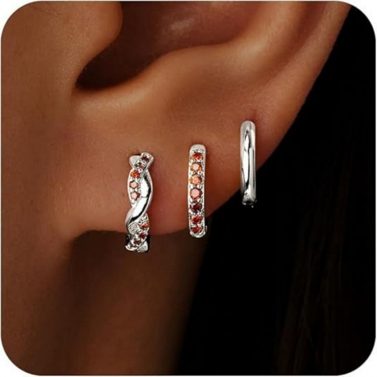 Immagine di Semplice Elegante Orecchini Circolari All'Ingrosso, Tondo Rosso Arancione Circonio Cubico Platino Placcato Ottone, Donne Regalo Fornitura di Gioielli, 1 Serie ( 6 Pz/Serie)