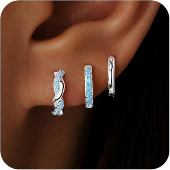 Immagine di Semplice Elegante Orecchini Circolari All'Ingrosso, Tondo Blu Circonio Cubico Platino Placcato Ottone, Donne Regalo Fornitura di Gioielli, 1 Serie ( 6 Pz/Serie)
