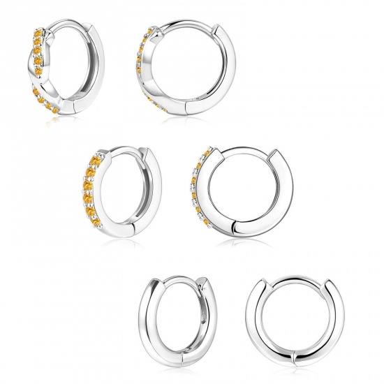 Immagine di Semplice Elegante Orecchini Circolari All'Ingrosso, Tondo Giallo Circonio Cubico Platino Placcato Ottone, Donne Regalo Fornitura di Gioielli, 1 Serie ( 6 Pz/Serie)