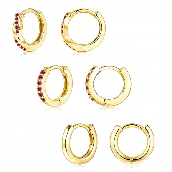 Immagine di Semplice Elegante Orecchini Circolari All'Ingrosso, Tondo Rosso Prugna Circonio Cubico Placcato Oro 18K Ottone, Donne Regalo Fornitura di Gioielli, 1 Serie ( 6 Pz/Serie)