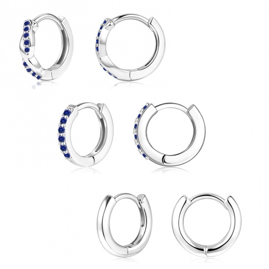 Immagine di Semplice Elegante Orecchini Circolari All'Ingrosso, Tondo Blu Marino Circonio Cubico Platino Placcato Ottone, Donne Regalo Fornitura di Gioielli, 1 Serie ( 6 Pz/Serie)