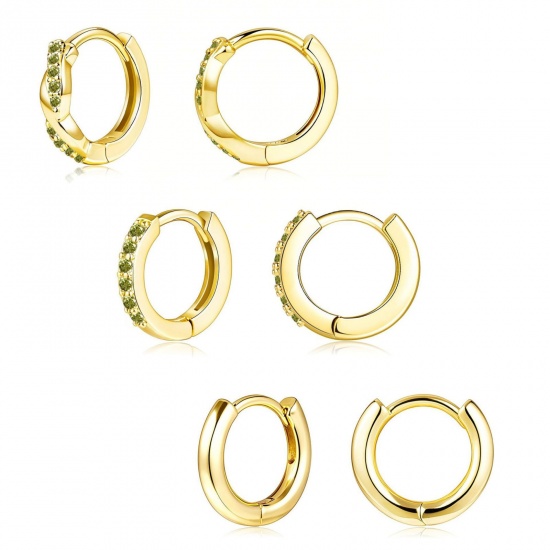 Immagine di Semplice Elegante Orecchini Circolari All'Ingrosso, Tondo Verde Pallido Circonio Cubico Placcato Oro 18K Ottone, Donne Regalo Fornitura di Gioielli, 1 Serie ( 6 Pz/Serie)