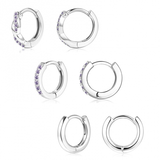 Immagine di Semplice Elegante Orecchini Circolari All'Ingrosso, Tondo Viola Pallido Circonio Cubico Platino Placcato Ottone, Donne Regalo Fornitura di Gioielli, 1 Serie ( 6 Pz/Serie)