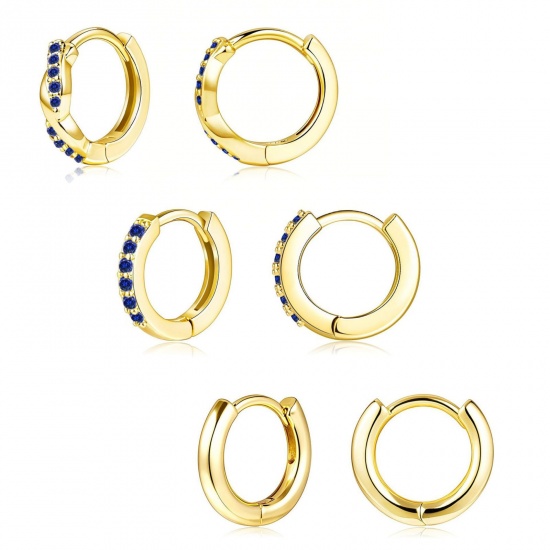 Immagine di Semplice Elegante Orecchini Circolari All'Ingrosso, Tondo Blu Marino Circonio Cubico Placcato Oro 18K Ottone, Donne Regalo Fornitura di Gioielli, 1 Serie ( 6 Pz/Serie)