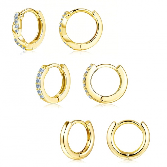 Immagine di Semplice Elegante Orecchini Circolari All'Ingrosso, Tondo Blu Pallido Circonio Cubico Placcato Oro 18K Ottone, Donne Regalo Fornitura di Gioielli, 1 Serie ( 6 Pz/Serie)