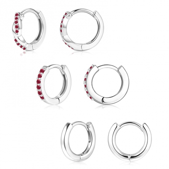 Immagine di Semplice Elegante Orecchini Circolari All'Ingrosso, Tondo Rosso Prugna Circonio Cubico Platino Placcato Ottone, Donne Regalo Fornitura di Gioielli, 1 Serie ( 6 Pz/Serie)