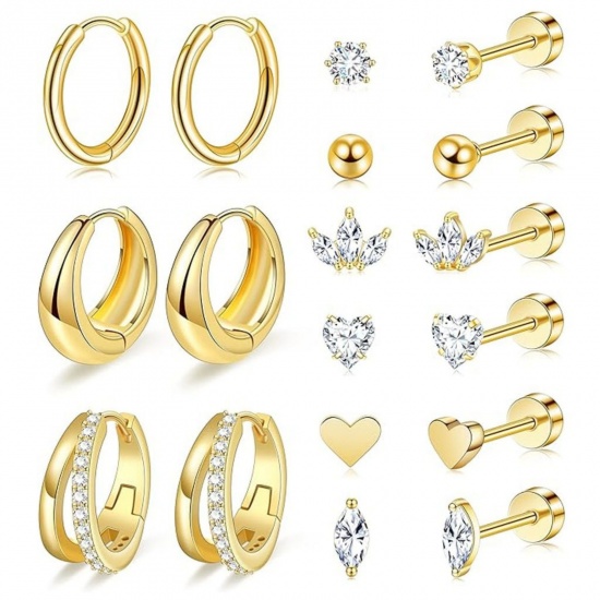Immagine di Semplice Elegante Orecchini Set All'Ingrosso, Cuore Tondo Trasparente Circonio Cubico Placcato Oro 18K Ottone, Donne Regalo Fornitura di Gioielli, 1 Serie ( 18 Pz/Serie)
