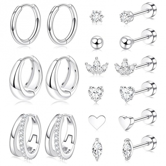 Immagine di Semplice Elegante Orecchini Set All'Ingrosso, Cuore Tondo Trasparente Circonio Cubico Platino Placcato Ottone, Donne Regalo Fornitura di Gioielli, 1 Serie ( 18 Pz/Serie)